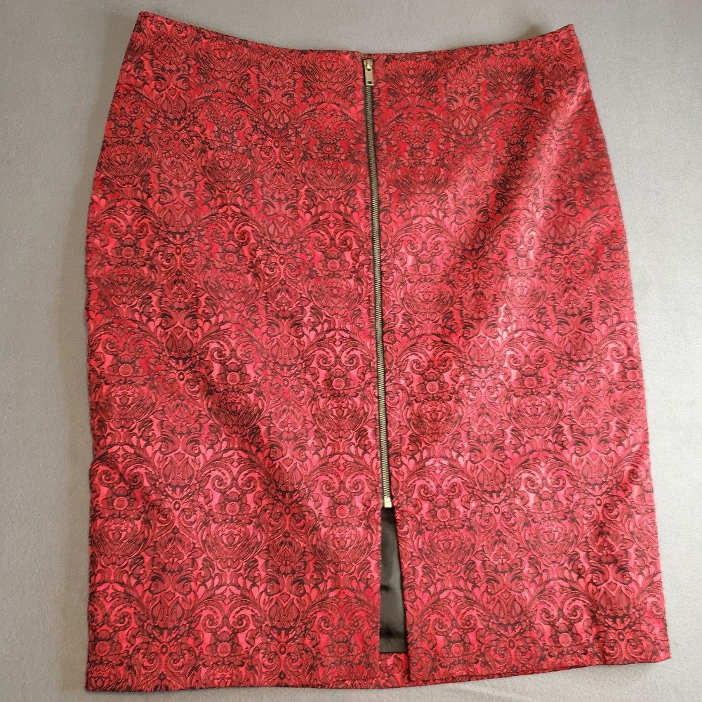 Worthington Damask Jacquard Pencil Skirt 20W Full Zip Front Slit Lined Red Black